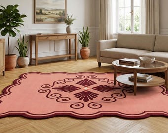 Alfombra floral rosa tejida a mano, moderna, para sala de estar o dormitorio, alfombra decorativa de lana suave, alfombra de diseño único, decoración del hogar, regalo.