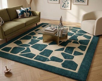 Tappeto moderno geometrico trapuntato a mano, verde acqua e crema, mosaico astratto per soggiorno, tappeto per camera da letto in stile metà secolo, morbido e trapuntato su misura.