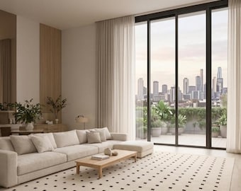 8x10 Minimalist Cream and Black Polka Dot Grid Area Rug, Modern Hand-Tufted Wool Carpet, Scandi Style Neutral Floor Decor, Large Luxury Rug