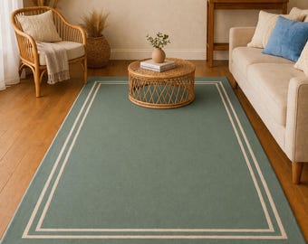 Alfombra moderna de lana tejida a mano en color verde salvia con doble borde color crema. Alfombra minimalista grande para sala de estar, dormitorio y decoración bohemia.