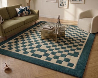 Alfombra de área a cuadros verde azulado de 8x10, alfombra geométrica pixelada moderna, alfombra de lana tejida a mano, decoración de sala de estar moderna de mediados de siglo, alfombra verde crema