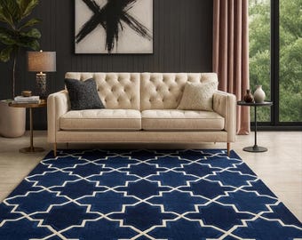 Navy Blue Moroccan Trellis Area Rug Modern Hand Tufted Geometric Carpet for Living Room Bedroom, Office Large 8x10, 9x12 Wool Rug Home Decor