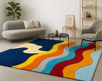Colorful Retro Wavy Rug, Mid Century Modern Abstract Area Rug, Bright 70s Swirl Carpet, Funky Tufted Rug for Living Room Bedroom Decor