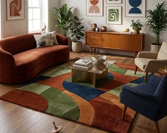 Mid Century Modern Geometric Hand Tufted Rug, Retro Abstract Area Rug, Terracotta Green Navy Carpet, 70s Funky Aesthetic Accent Floor Decor