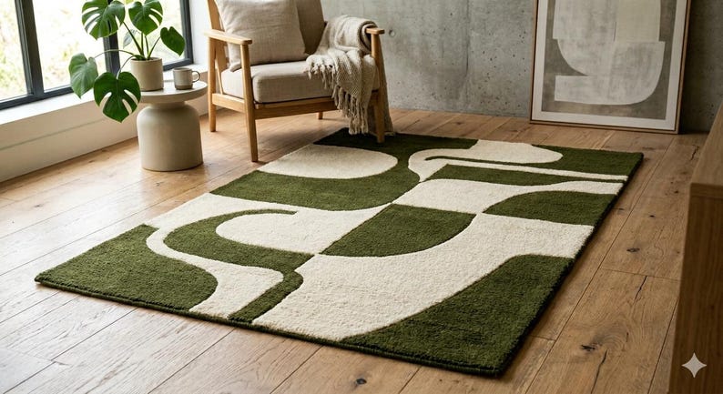 8x10 Modern Olive Green & Cream Abstract Area Rug Hand Tufted Geometric ...
