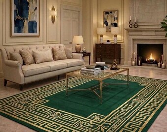 8x10 Emerald Green Area Rug with Gold Greek Key Border Luxury Art Deco Hand Tufted Carpet, Elegant Geometric Living Room & Bedroom Decor Rug