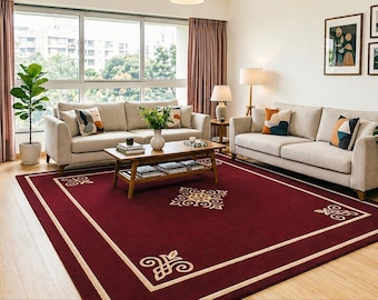 Hand Tufted Wool Area Rug Deep Burgundy Red, Traditional Medallion Design with Cream Border, Modern Decor Large Bedroom Carpet The Baby Rugs