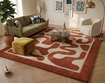 Alfombra moderna de mediados de siglo tejida a mano, alfombra abstracta ondulada en terracota y crema, decoración geométrica original para sala de estar, alfombra personalizada Bauhaus.