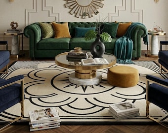 Art Deco Black Cream Geometric Area Rug, Modern Minimalist Starburst Carpet Elegant Large Tufted Rug Living Room Abstract Custom Bedroom Rug