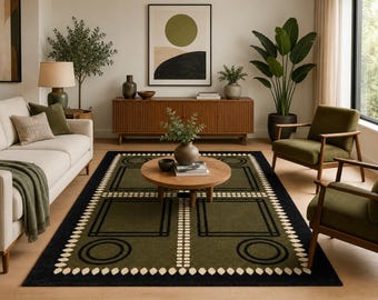 200x300 Handgefertigter Geometrischer Tufted Teppich in Olivgrün & Schwarz Mid Century Modern Teppich Bauhaus-Stil