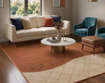 Alfombra moderna de estilo costero en azul verdoso y beige con bloques de color, diseño de coral con mechones y líneas geométricas, estilo náutico, decoración de mediados de siglo.