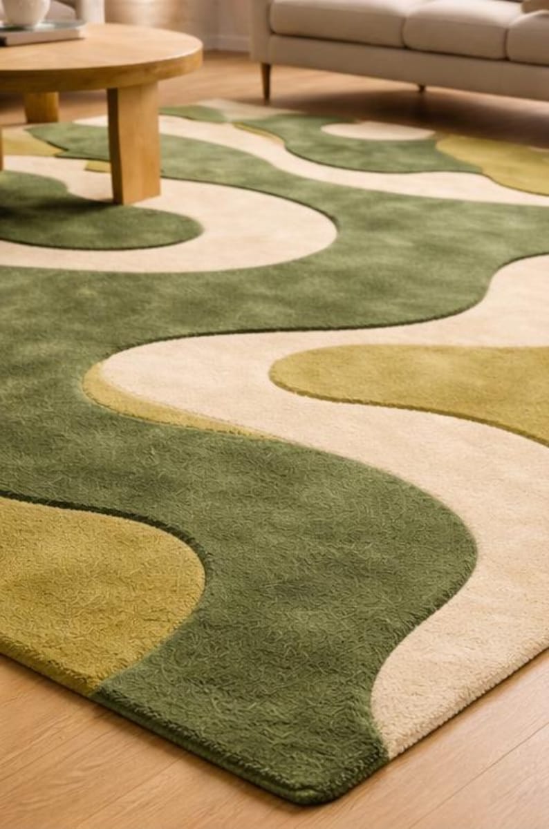 May include: A green, beige, and olive-colored area rug with a flowing, abstract design. The rug features a soft, textured surface and a modern aesthetic, suitable for living rooms or bedrooms.