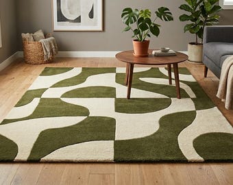 Groen en crème geometrisch karpet uit het midden van de eeuw modern handgetuft golvend tapijt abstract esthetisch decor woonkamer slaapkamer op maat gemaakt trendy vloerkleed