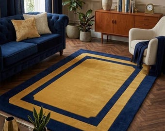 Modern Navy Blue and Mustard Yellow Geometric Area Rug Hand-Tufted Wool Carpet for Minimalist Two-Tone Border Design, Large Soft Floor Decor