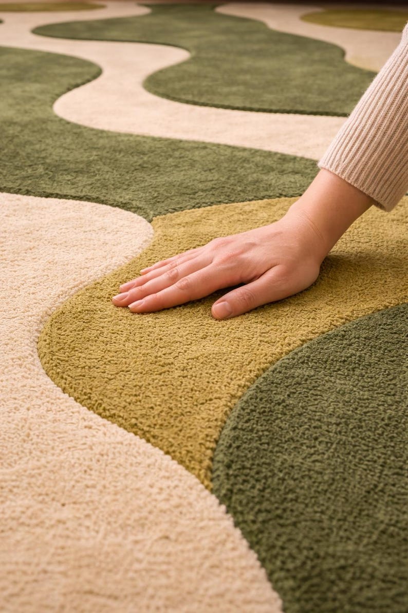 May include: A close-up of a plush, patterned rug with a wavy design. The rug features a combination of beige, olive green, and golden-yellow sections. The texture appears soft and inviting, with a hand resting on the surface.