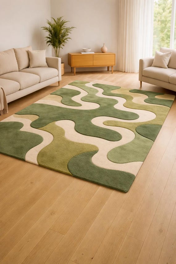 Modern Wavy Abstract Area Rug in Sage & Olive Green, Mid Century Modern Large Hand Tufted Carpet, Minimalist Aesthetic for Living Room Rug