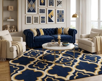 Hand Tufted Navy Blue & Gold Geometric Rug, Modern Moroccan Trellis Area Carpet for Living Room, Large Bauhaus Decor, Wool Soft Nursery Rug