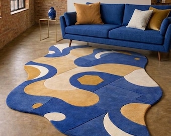 Alfombra abstracta asimétrica tejida a mano, alfombra geométrica azul y mostaza de estilo moderno de mediados de siglo, alfombra personalizada de forma irregular estilo Bauhaus.