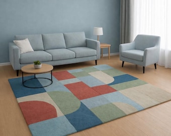 Modern Abstract Geometric Area Rug Mid Century Minimalist Soft Carpet for Living Room Bedroom Blue Sage Green Hand-Tufted Nordic Home Decor
