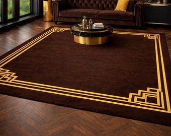 Tappeto Art Déco marrone e oro trapuntato a mano, grande tappeto in lana con bordo geometrico moderno, lussuoso arredamento per la casa in stile moderno di metà secolo, The Baby Rugs