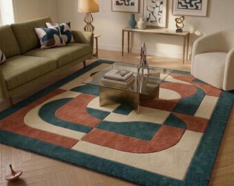 Hand Tufted Wool Area Rug Modern Bauhaus Geometric Carpet for Living Room Bedroom, Office  Large Abstract Mid Century Modern Custom Size Rug