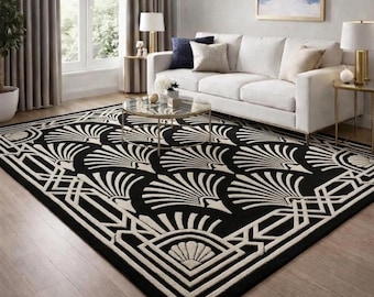Alfombra Art Déco en blanco y negro con estampado geométrico en forma de abanico, alfombra moderna elegante estilo años 20 para sala de estar, alfombra monocromática que marca la diferencia.