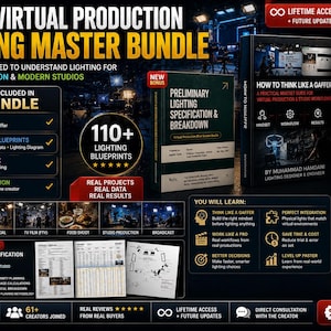 May include: A Virtual Production Lighting Master Bundle featuring an ebook titled How to Think Like a Gaffer, a Preliminary Lighting Specification and Breakdown guide, and a Do and Don't for Lighting Setup on Virtual Production mini-book.