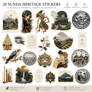 Peut inclure: Un ensemble de 20 autocollants du patrimoine Sunda illustrant des paysages indonésiens, des marionnettes wayang traditionnelles, des artisans batik, de la flore et des motifs culturels. La collection inclut des designs circulaires et découpés.