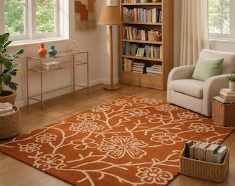 Alfombra de lana con mechones y estampado floral en color naranja quemado, alfombra botánica con flores, para sala de estar o dormitorio (tamaño personalizado).