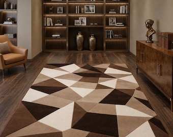 Alfombra geométrica de lana hecha a mano, alfombra abstracta para sala de estar en tonos marrón, beige y crema.