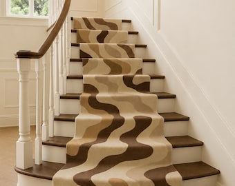 Alfombra de escalera ondulada de lana hecha a mano, alfombra abstracta beige y marrón, alfombra de pasillo personalizada.