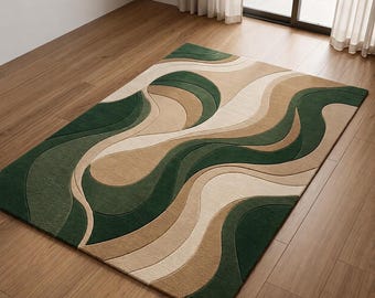 Alfombra con mechones de ondas verdes abstractas, alfombra contemporánea color crema beige.