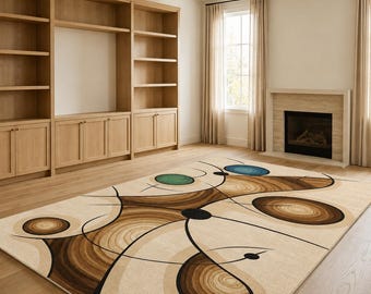 Tapete geométrico abstrato feito à mão em lã, tapete contemporâneo bege e marrom para sala de estar.