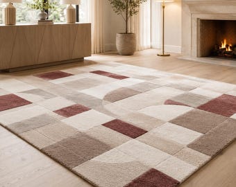 Alfombra geométrica beige y marrón, alfombra abstracta de lana para sala de estar, alfombra de piso minimalista moderna.