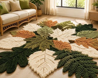 Puede incluir: Una alfombra circular grande con un diseño superpuesto de varias formas de hojas en tonos crema, verde oliva, verde bosque oscuro y naranja quemado. La alfombra tiene una textura de pelo insertado con venas definidas en cada hoja.