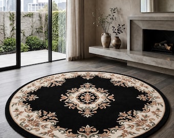 Alfombra redonda negra con medallón floral, elegante alfombra de estilo vintage, alfombra para sala de estar.