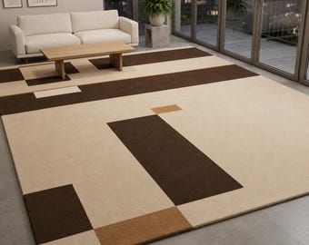 Alfombra geométrica beige y marrón, alfombra abstracta de lana para sala de estar, alfombra de piso minimalista moderna.