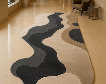 Alfombra de pasillo abstracta de lana tejida a mano, alfombra moderna orgánica para recibidor.