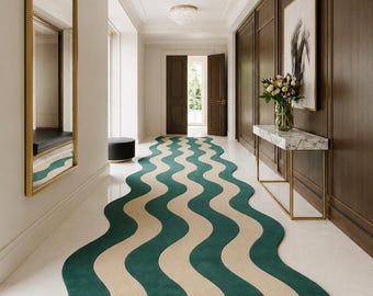 Hand Tufted Wool Wavy Runner Rug, Green Beige Abstract Hallway Carpet