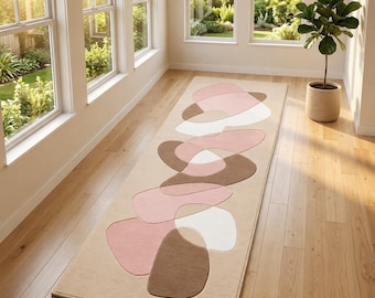 Hand Tufted Wool Abstract Runner Rug, Modern Pink Beige Brown Hallway Carpet