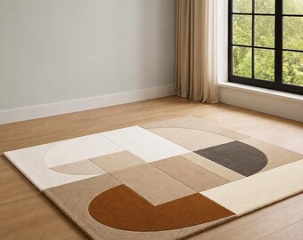 Tapete de lã tufado à mão, design geométrico abstrato moderno, tons de bege, marrom e creme.