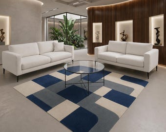 Alfombra geométrica moderna, alfombra abstracta azul y beige, sala de estar contemporánea, estilo minimalista para el hogar.