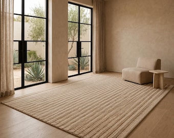 Alfombra acanalada tejida a mano, alfombra minimalista beige, alfombra moderna texturizada para sala de estar.