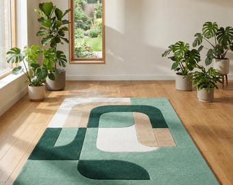 Alfombra geométrica abstracta con mechones, alfombra moderna verde para sala de estar.