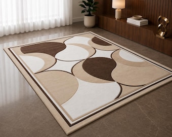 Alfombra geométrica abstracta de lana hecha a mano, color beige, marrón y crema, para sala de estar.