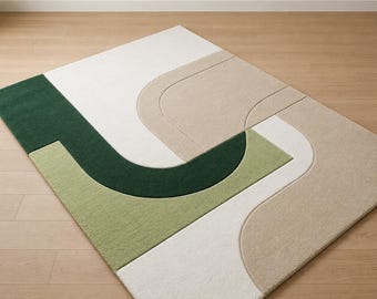 Alfombra abstracta hecha a mano, diseño geométrico curvo, color beige y verde neutro.