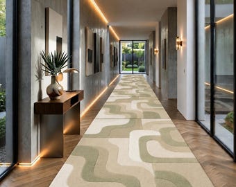 Alfombra de lana hecha a mano, alfombra geométrica abstracta en tonos beige y verde salvia.