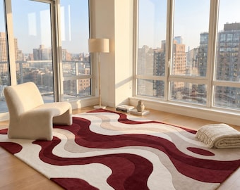 Alfombra abstracta de ondas color burdeos, alfombra moderna con mechones para sala de estar, alfombra contemporánea para el hogar en color crema y beige.