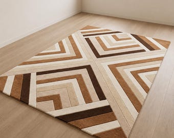 Alfombra geométrica moderna, alfombra de felpa abstracta en tonos beige y marrón, alfombra minimalista para sala de estar.