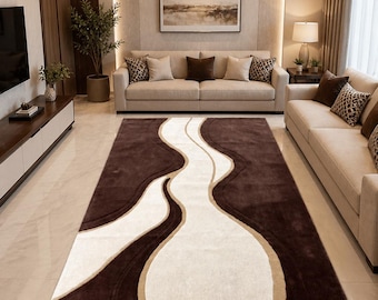 Handmade Tufted Area Rug: Modern Brown Cream Abstract Carpet, Plush Living Room Floor Rug